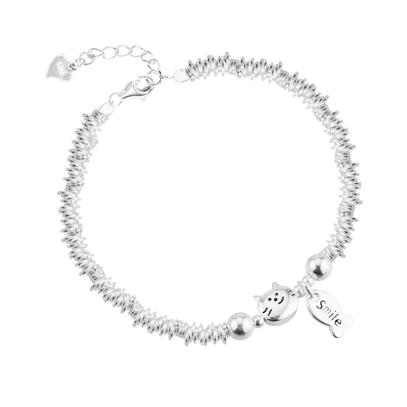 Silver Bracelet with Cat, Fish and "Smile" Charm - Cute Adjustable Jewelry for Women
