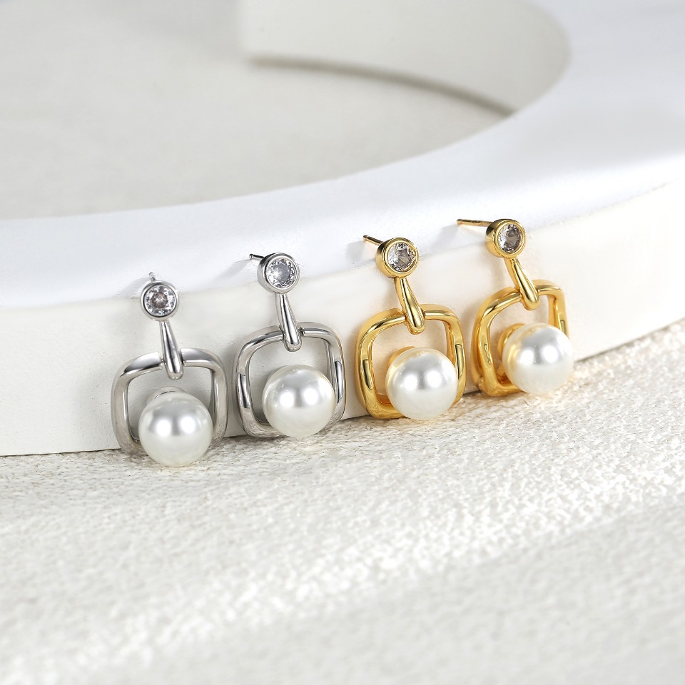 Modern Gold - Plated Square - Frame Pearl & Cubic Zirconia Drop Earrings