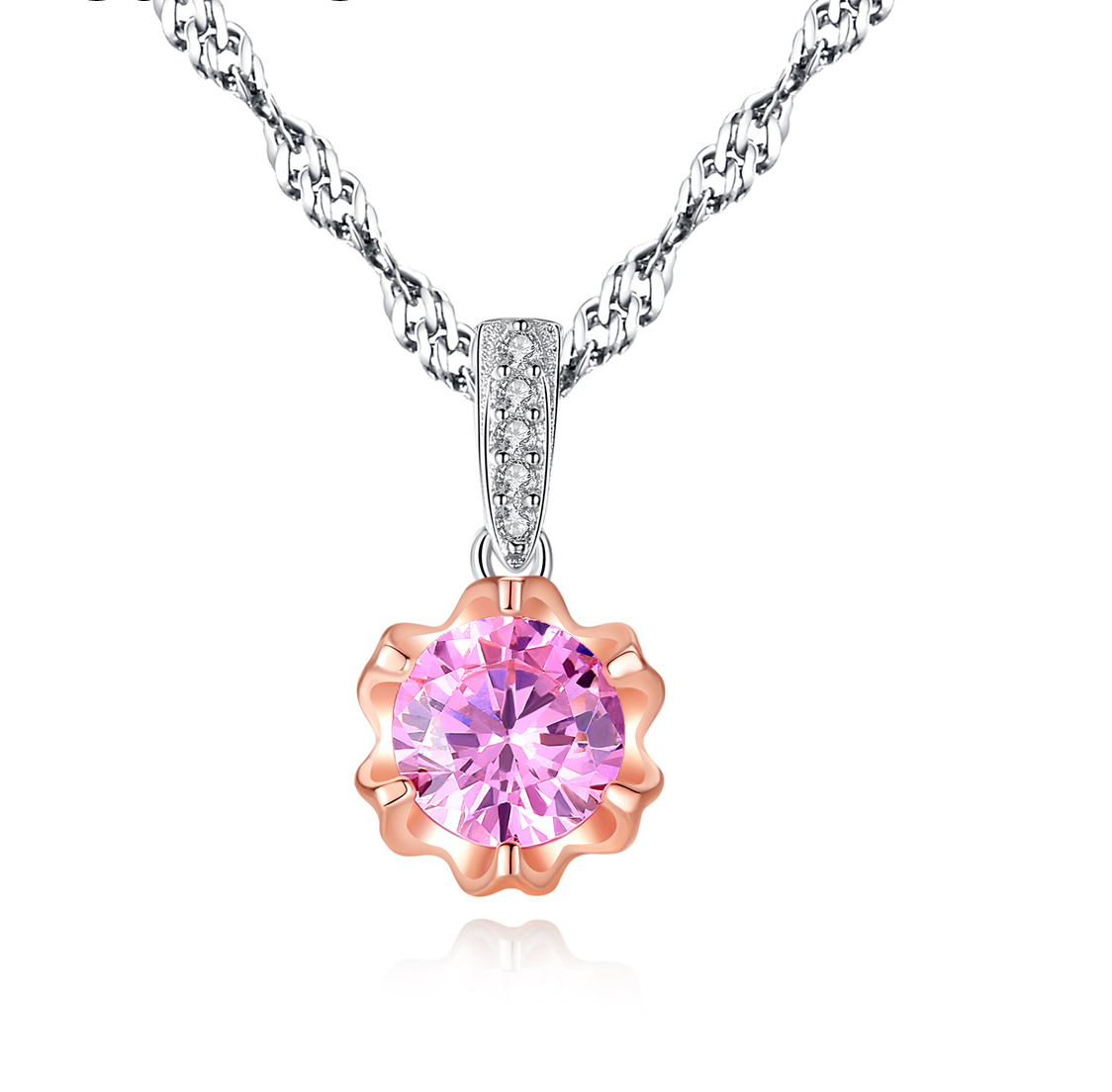 Rose Gold Plated Flower Pendant Necklace with Pink Cubic Zirconia