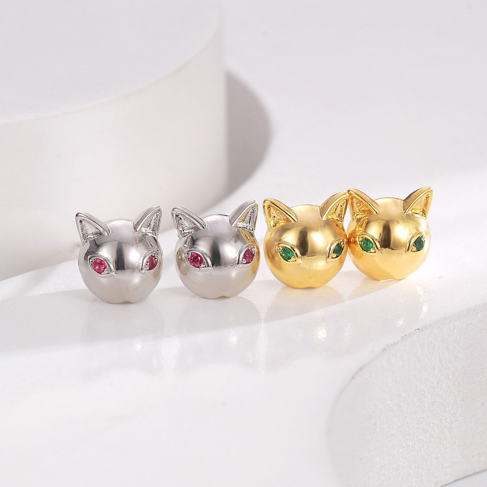 Golden Cat - Head Stud Earrings with Emerald - Like Eyes