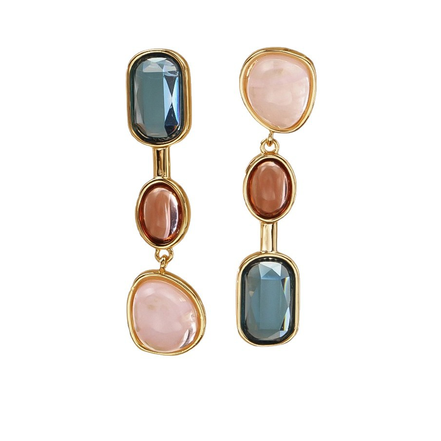 Geometric Color Block Long Drop Earrings in Gold-Tone Copper