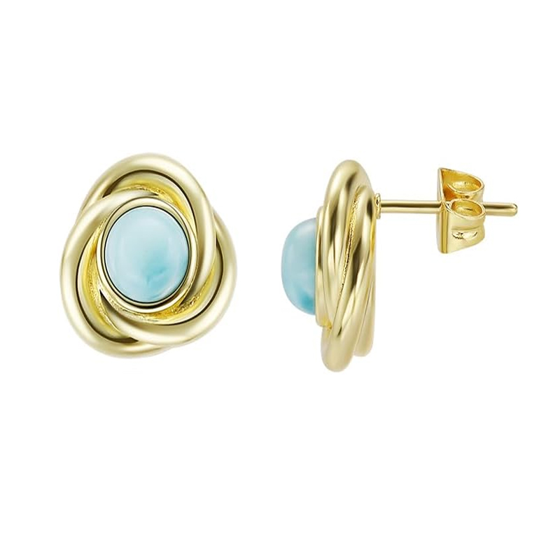 Elegant Gold Twisted Stud Earrings with Light Blue Cabochon Center