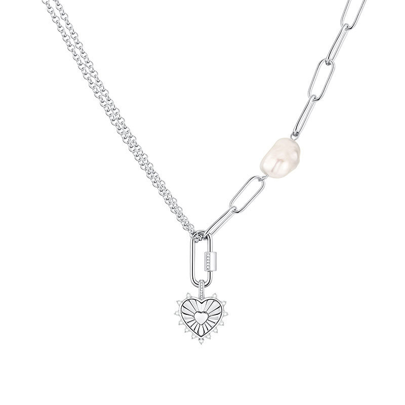  Copper Alloy Baroque Pearl & Sunburst Heart Pendant Necklace