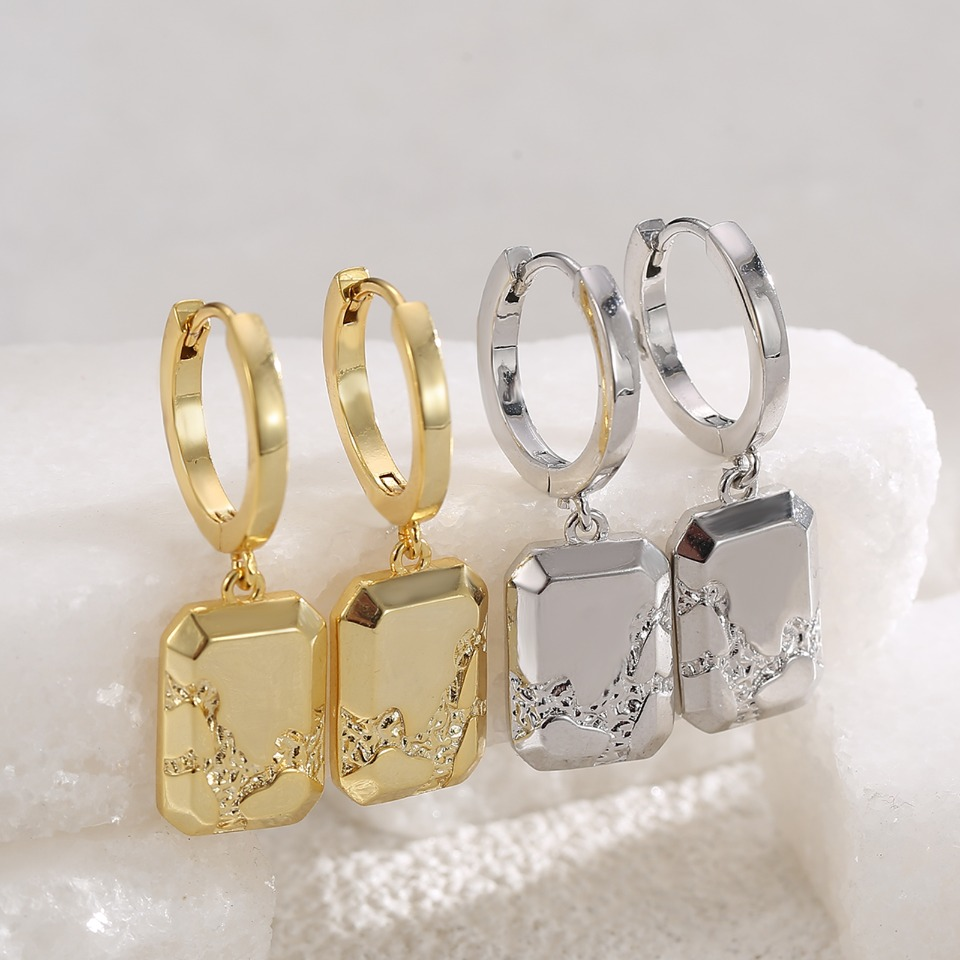 Gold - Toned Huggie Hoop Earrings with Geometric Pearl - Inspired Drop