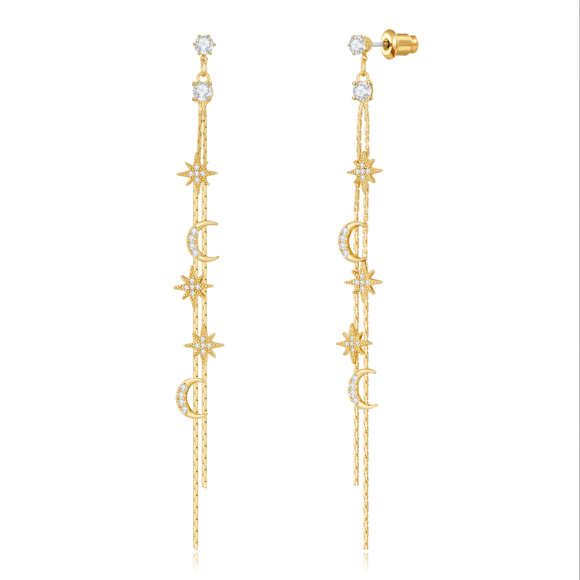 Gold-Plated Copper Celestial Threader Earrings with Stars and Moons