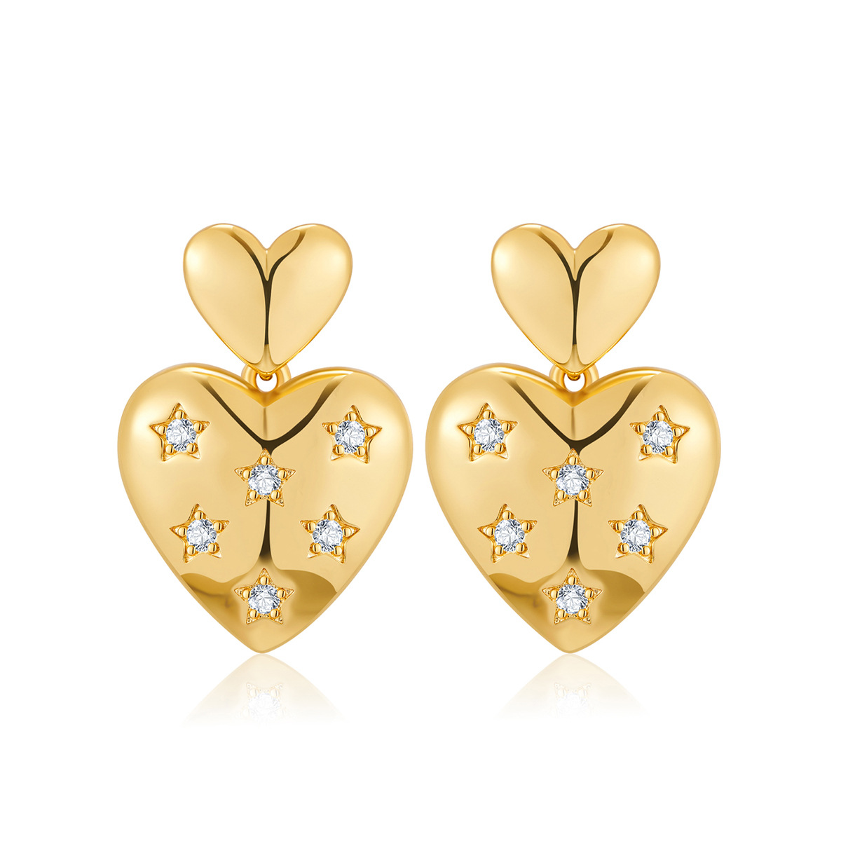 Gold Plated Copper Double Heart Drop Earrings with Star Accents