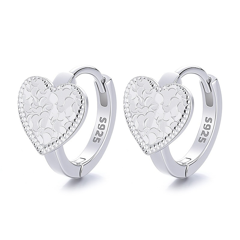 S925 Sterling Silver Textured Heart Huggie Hoop Earrings