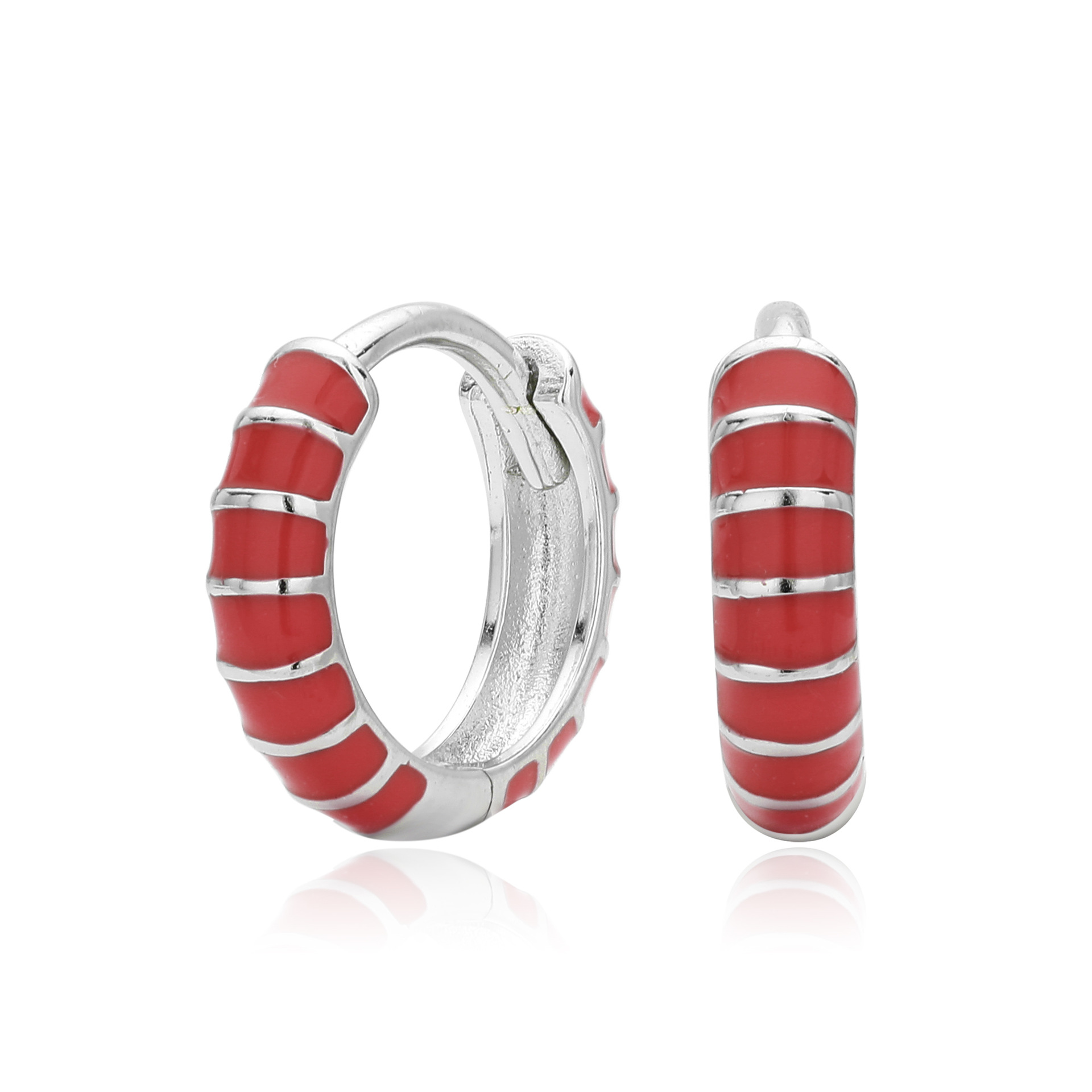 925 Sterling Silver Red Striped Huggie Hoop Earrings - Minimalist Enamel Small Hoop Earrings for Women
