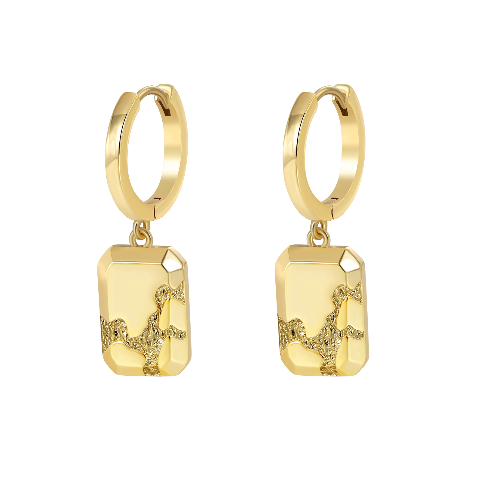 Gold - Toned Huggie Hoop Earrings with Geometric Pearl - Inspired Drop