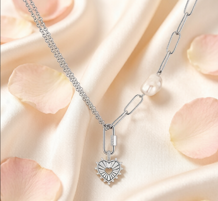  Copper Alloy Baroque Pearl & Sunburst Heart Pendant Necklace