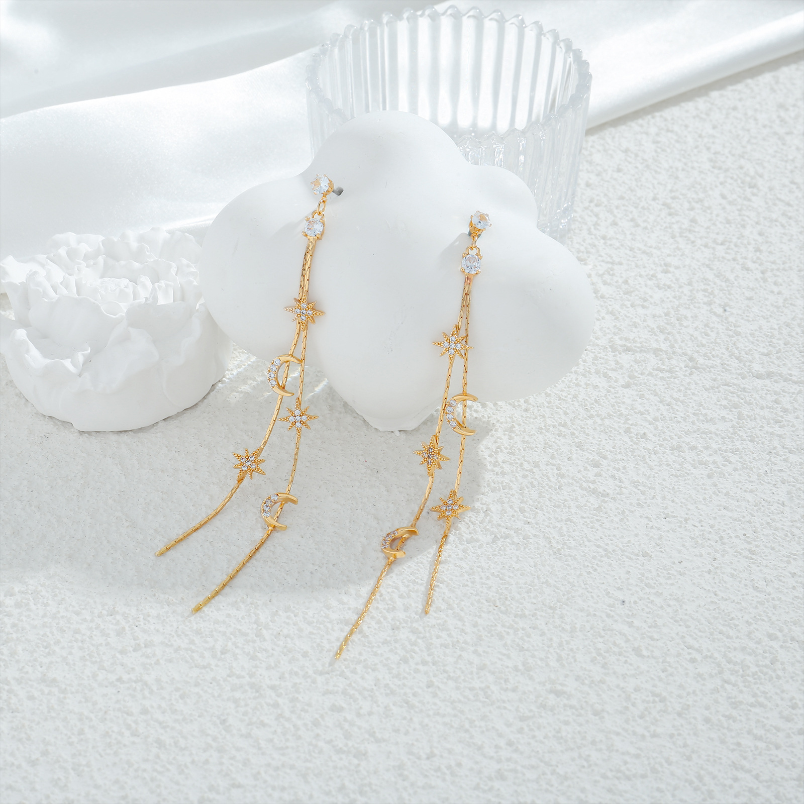 Gold-Plated Copper Celestial Threader Earrings with Stars and Moons