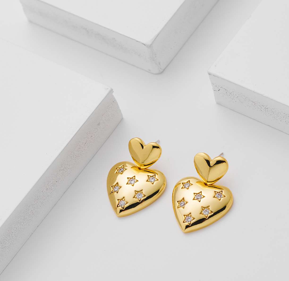 Gold Plated Copper Double Heart Drop Earrings with Star Accents