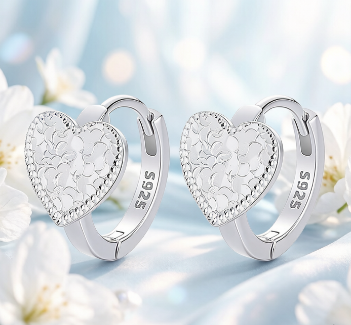 S925 Sterling Silver Textured Heart Huggie Hoop Earrings