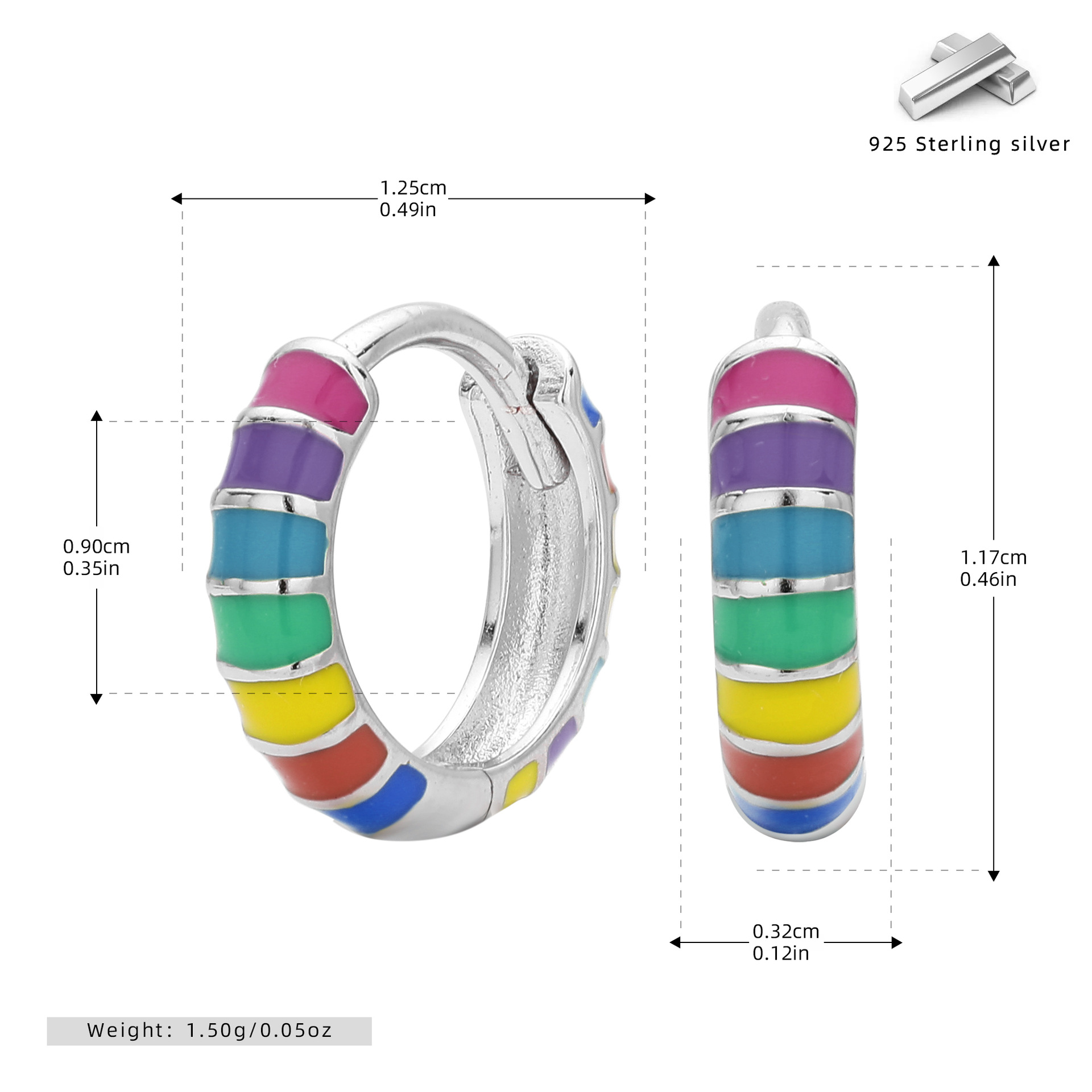 925 Sterling Silver Red Striped Huggie Hoop Earrings - Minimalist Enamel Small Hoop Earrings for Women