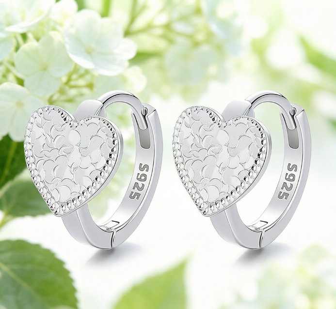 S925 Sterling Silver Textured Heart Huggie Hoop Earrings