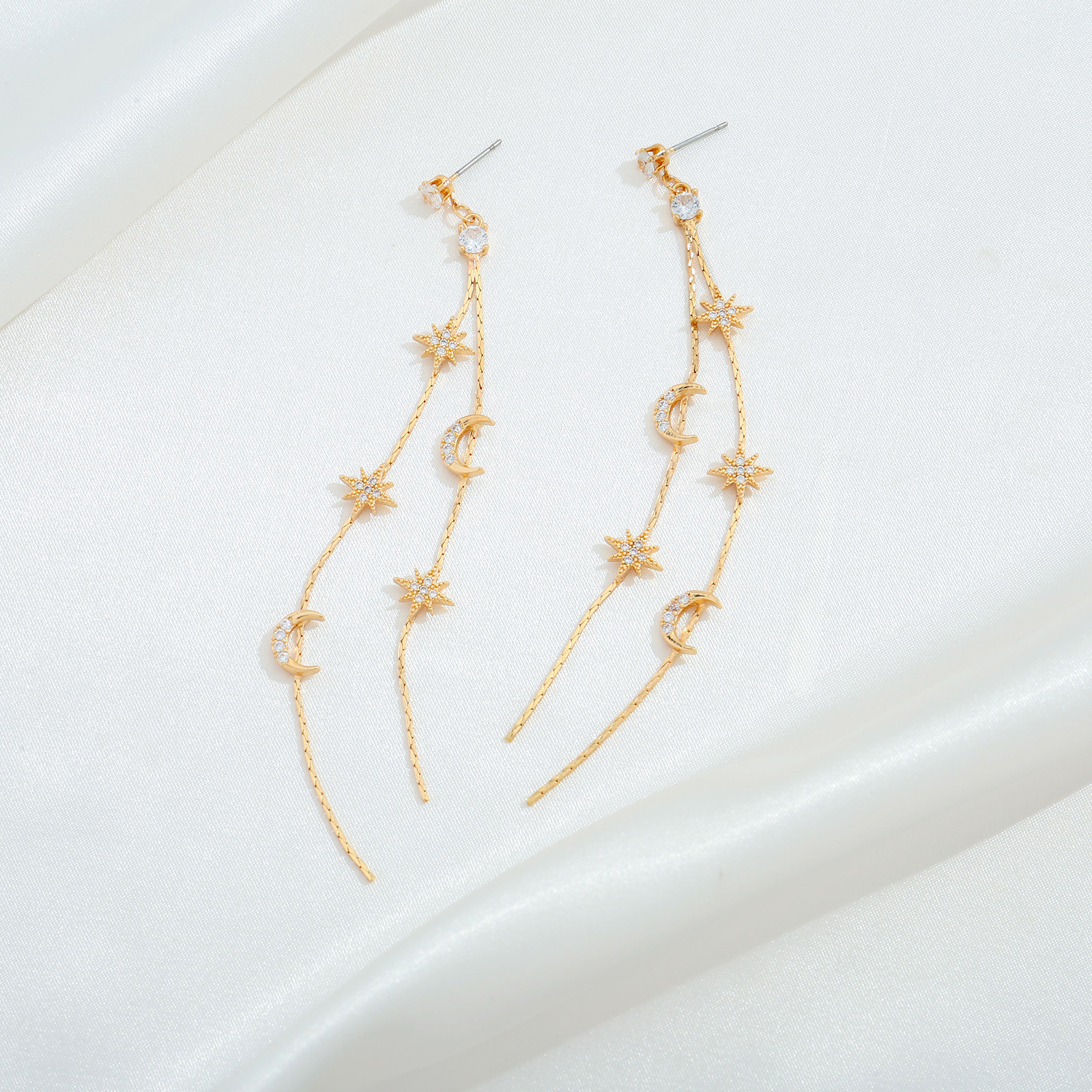 Gold-Plated Copper Celestial Threader Earrings with Stars and Moons