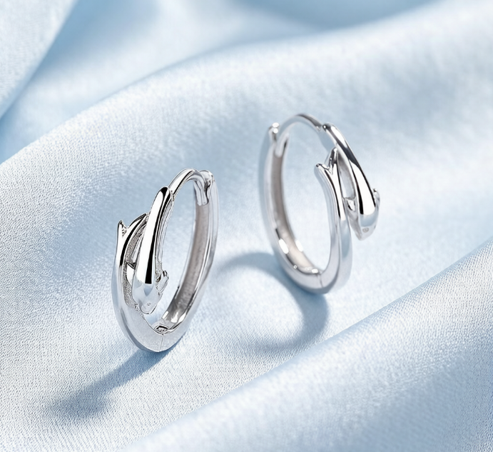 Elegant Sterling Silver Dolphin Hoop Earrings with Sparkling Zirconia Details