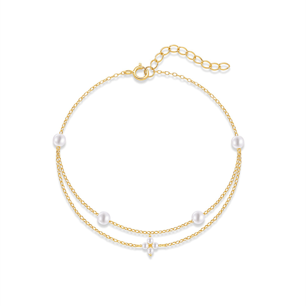 Gold Double Chain Pearl Bracelet with Lucky Clover