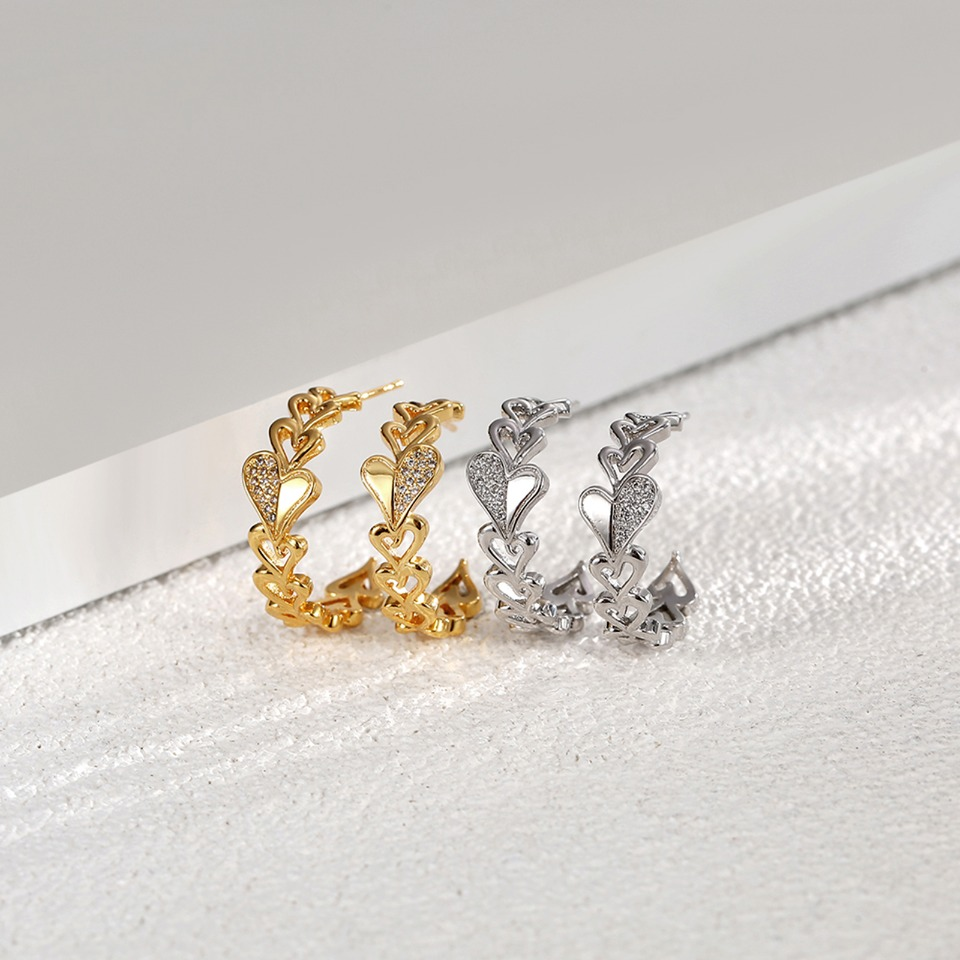Gold-Tone Heart & Link Chain Hoop Earrings with Crystal Accents