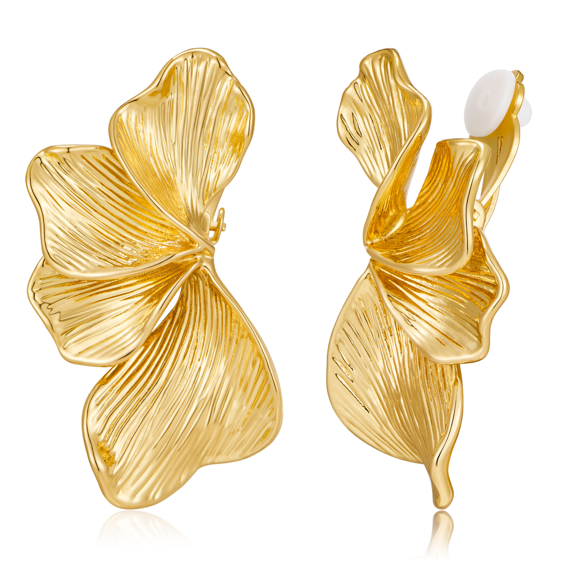 Gold-Tone Textured Copper Flower Clip-On Earrings with Vein Detailing