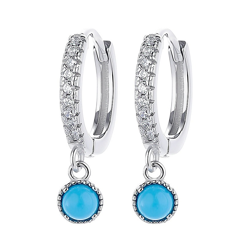 Sterling Silver Pavé Set Huggie Hoop Earrings with Blue Dangle Charm