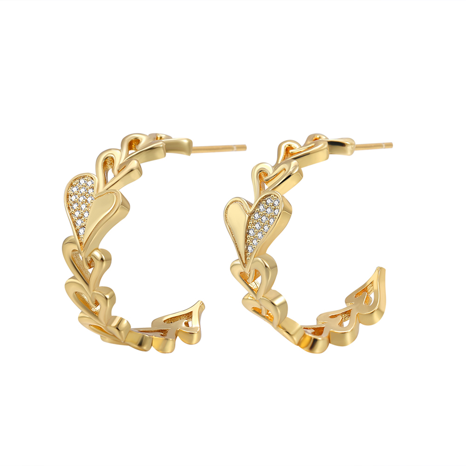 Gold-Tone Heart & Link Chain Hoop Earrings with Crystal Accents