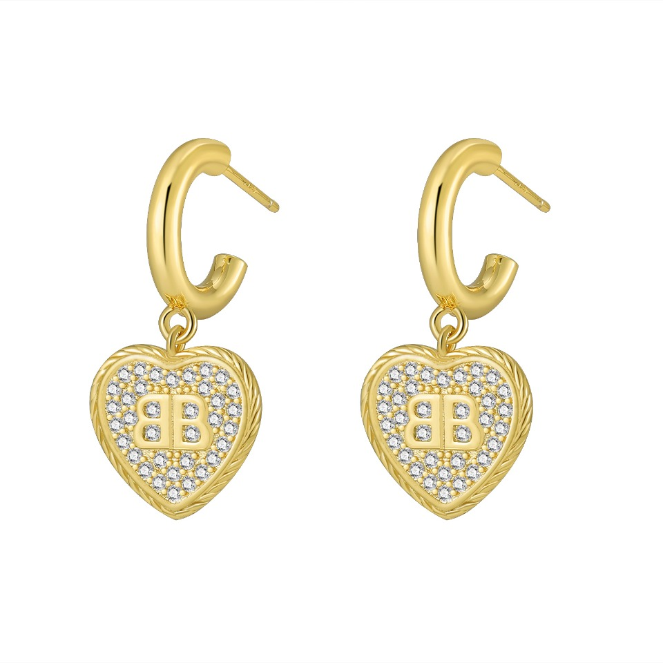 Gold - Toned Huggie Hoop Earrings with Heart - Shaped Pave Crystal Drop