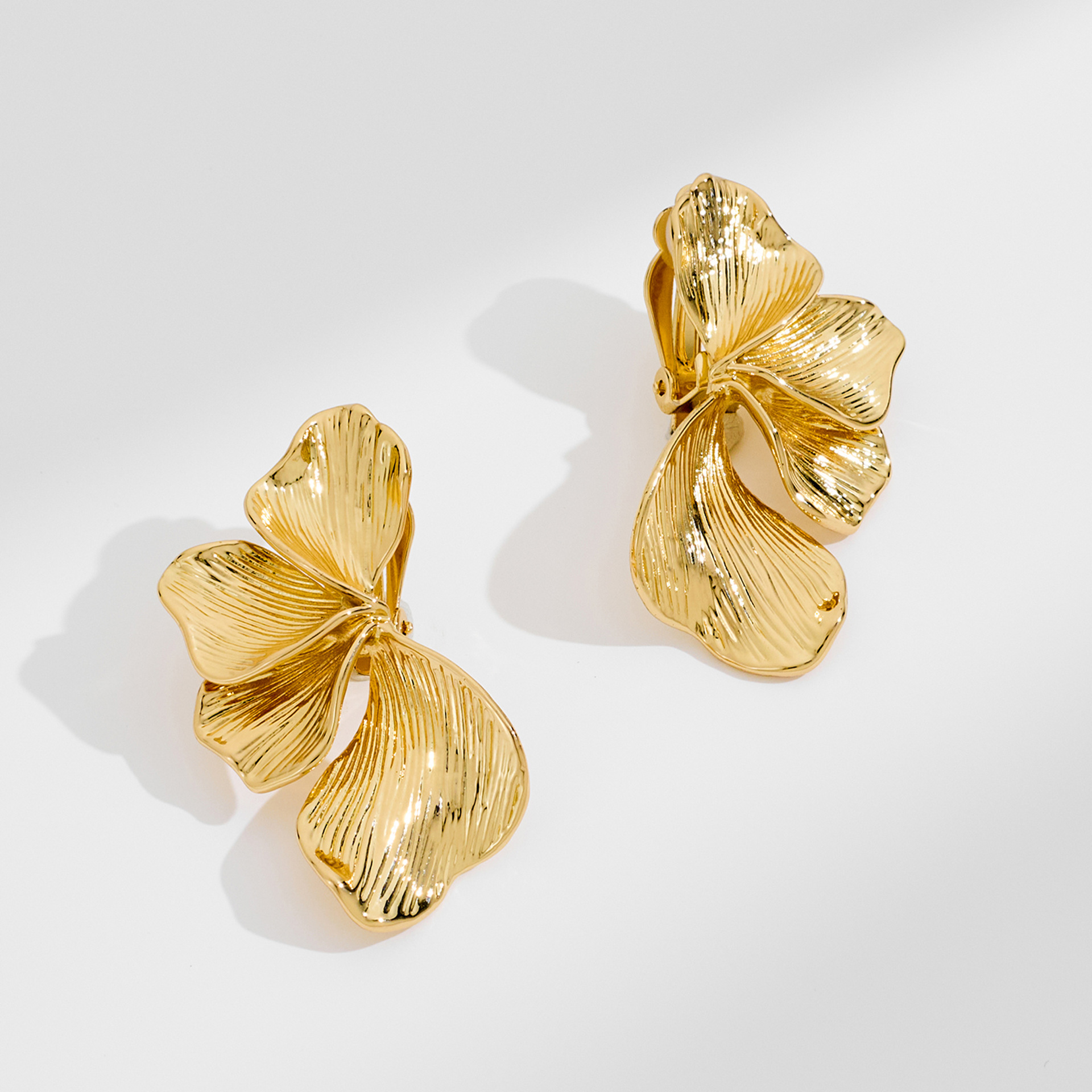 Gold-Tone Textured Copper Flower Clip-On Earrings with Vein Detailing