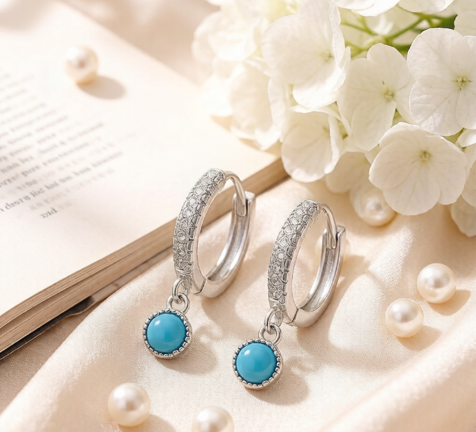 Sterling Silver Pavé Set Huggie Hoop Earrings with Blue Dangle Charm