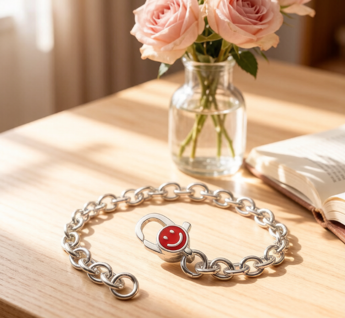 Copper Alloy Smiley Face Curb Chain Bracelet in Silver Tone