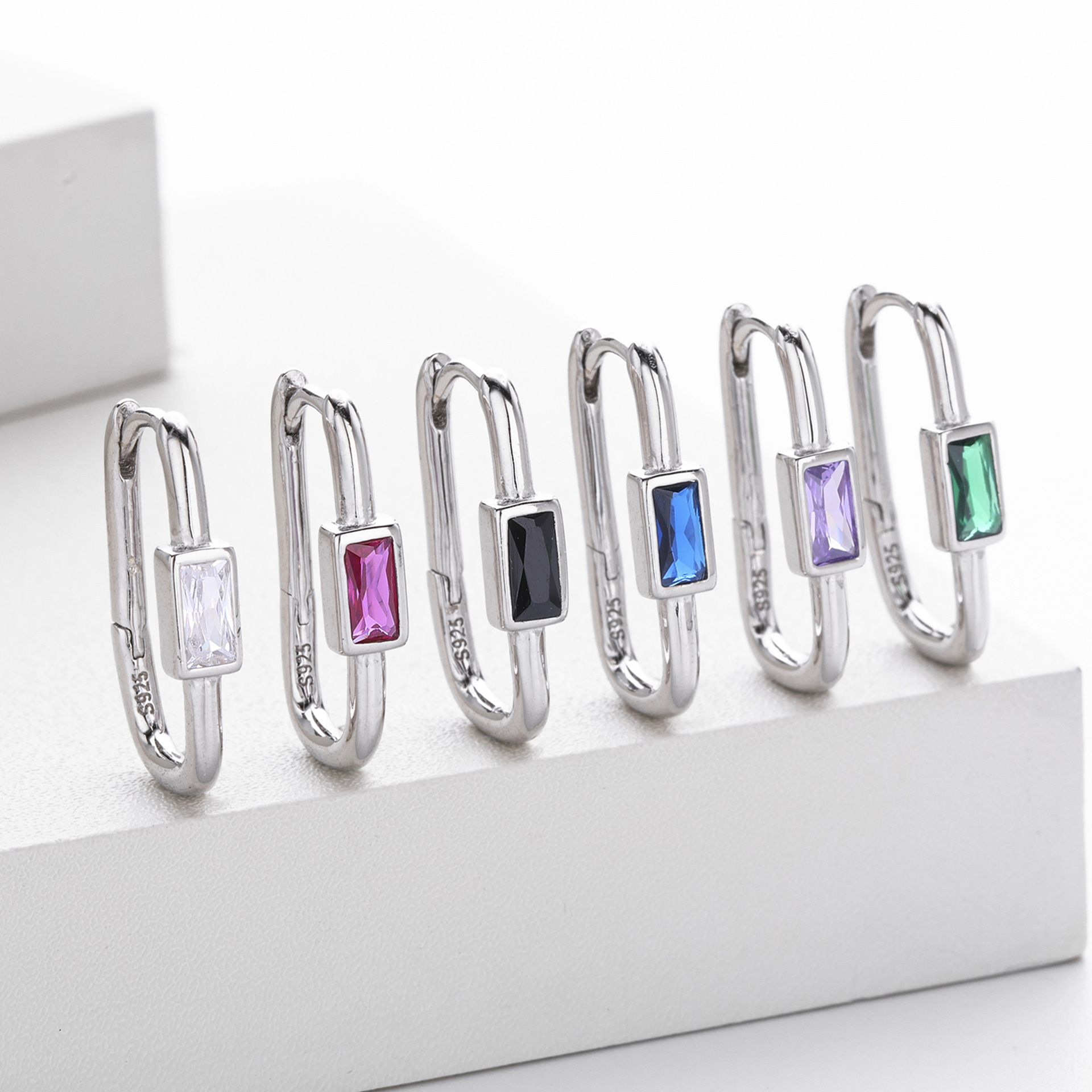 925 Sterling Silver Emerald Cut Huggie Hoop Earrings