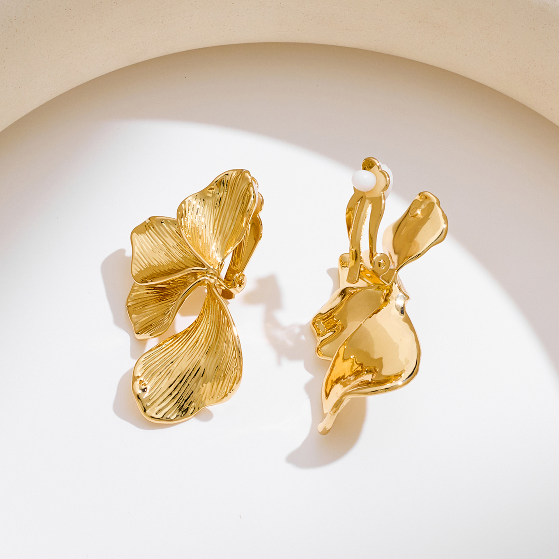 Gold-Tone Textured Copper Flower Clip-On Earrings with Vein Detailing