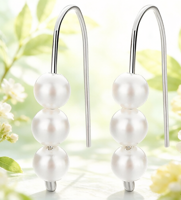 Elegant 925 Sterling Silver Triple Pearl Drop Earrings