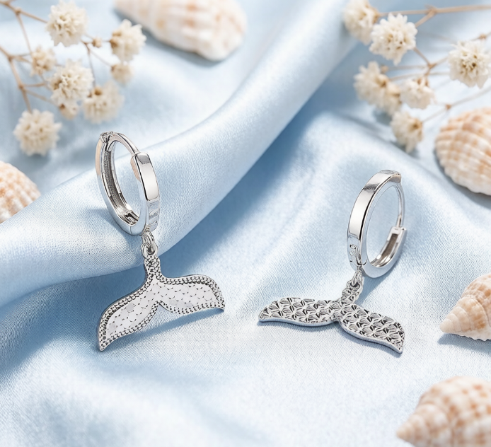 Exquisite Sterling Silver Mermaid Tail Huggie Hoop Earrings with Pave Details