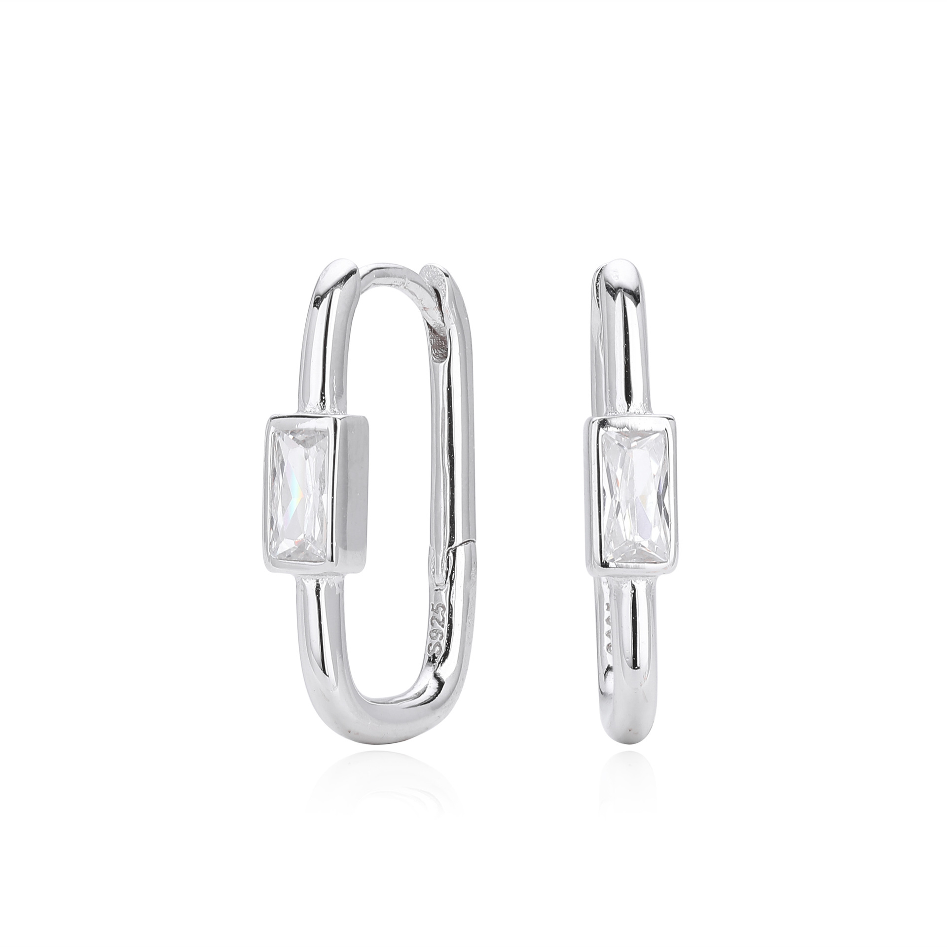 925 Sterling Silver Emerald Cut Huggie Hoop Earrings