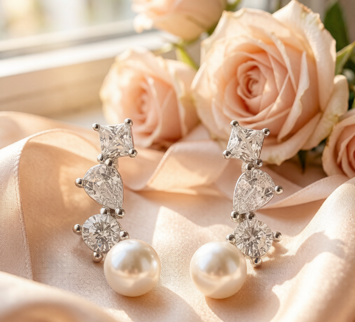 Sterling Silver Cubic Zirconia and Pearl Drop Earrings
