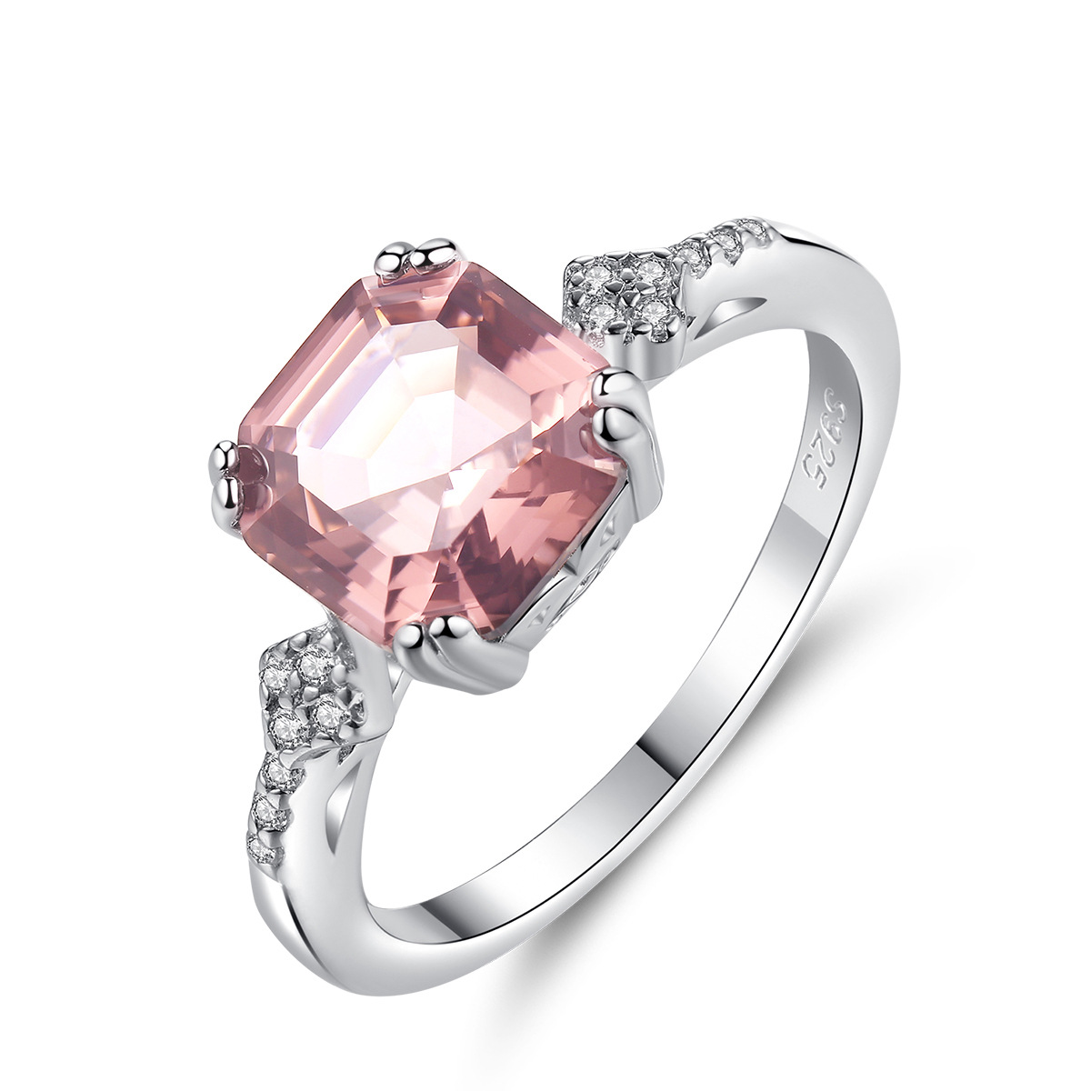S925 Sterling Silver Princess-Cut Pink Cubic Zirconia Solitaire Ring with Side Stones