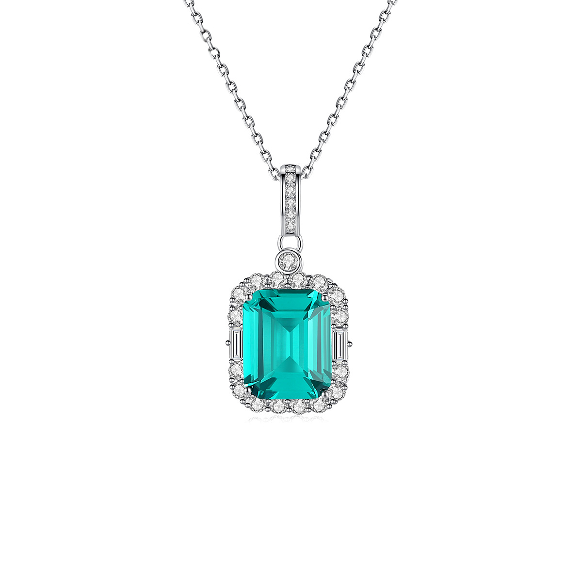 Sterling Silver Emerald Cut Green Pendant Necklace with Halo Design