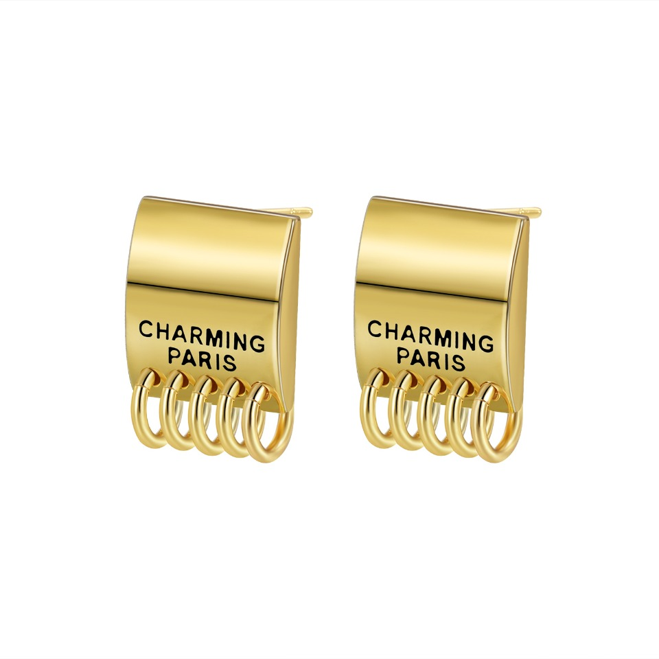 Gold-Tone "CHARMING PARIS" Lettering Earrings with Dangling Mini Hoops