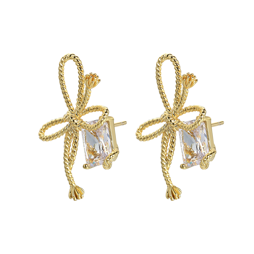 Gold - Toned Rope - Style Bow Earrings with Emerald - Cut Crystal Accent