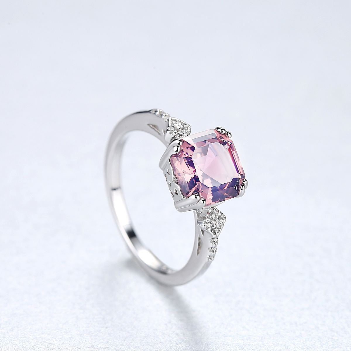 S925 Sterling Silver Princess-Cut Pink Cubic Zirconia Solitaire Ring with Side Stones
