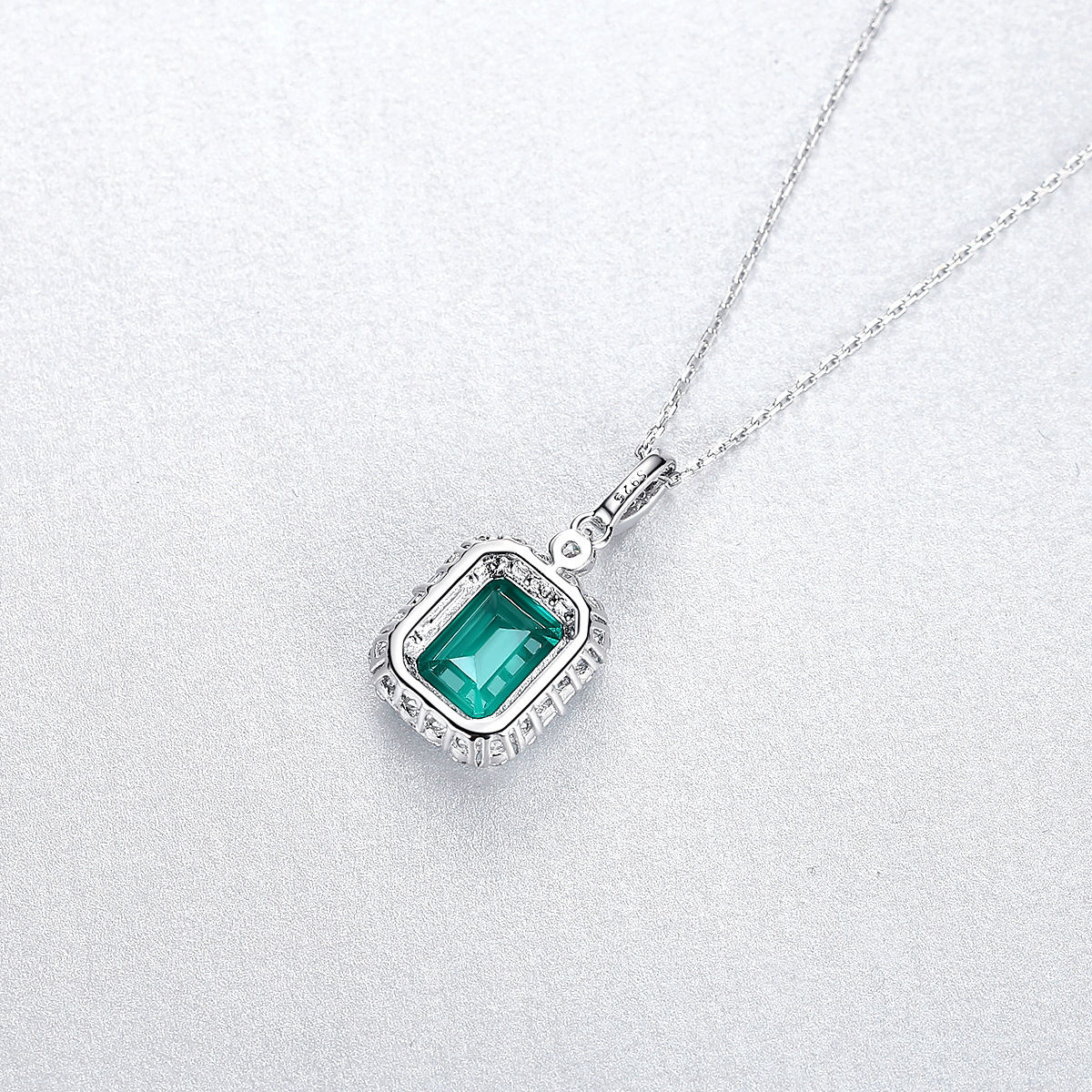 Sterling Silver Emerald Cut Green Pendant Necklace with Halo Design