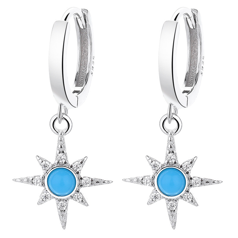 Sterling Silver Pavé Starburst Huggie Hoop Earrings with Blue Cabochon