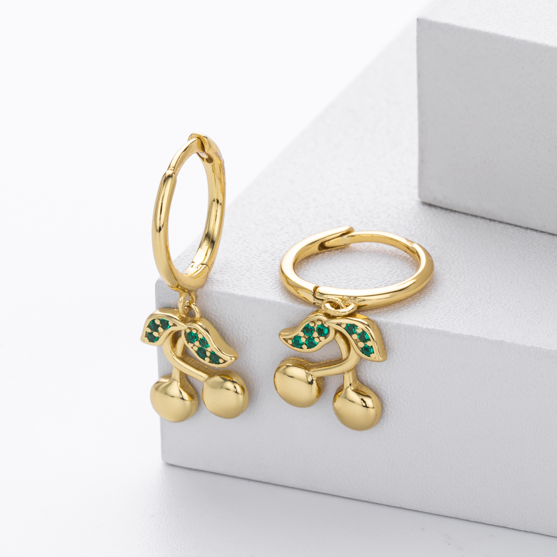 925 Sterling Silver Cherry Charm Huggie Hoop Earrings - Dainty Green Leaf Cubic Zirconia Fruit Drop Earrings
