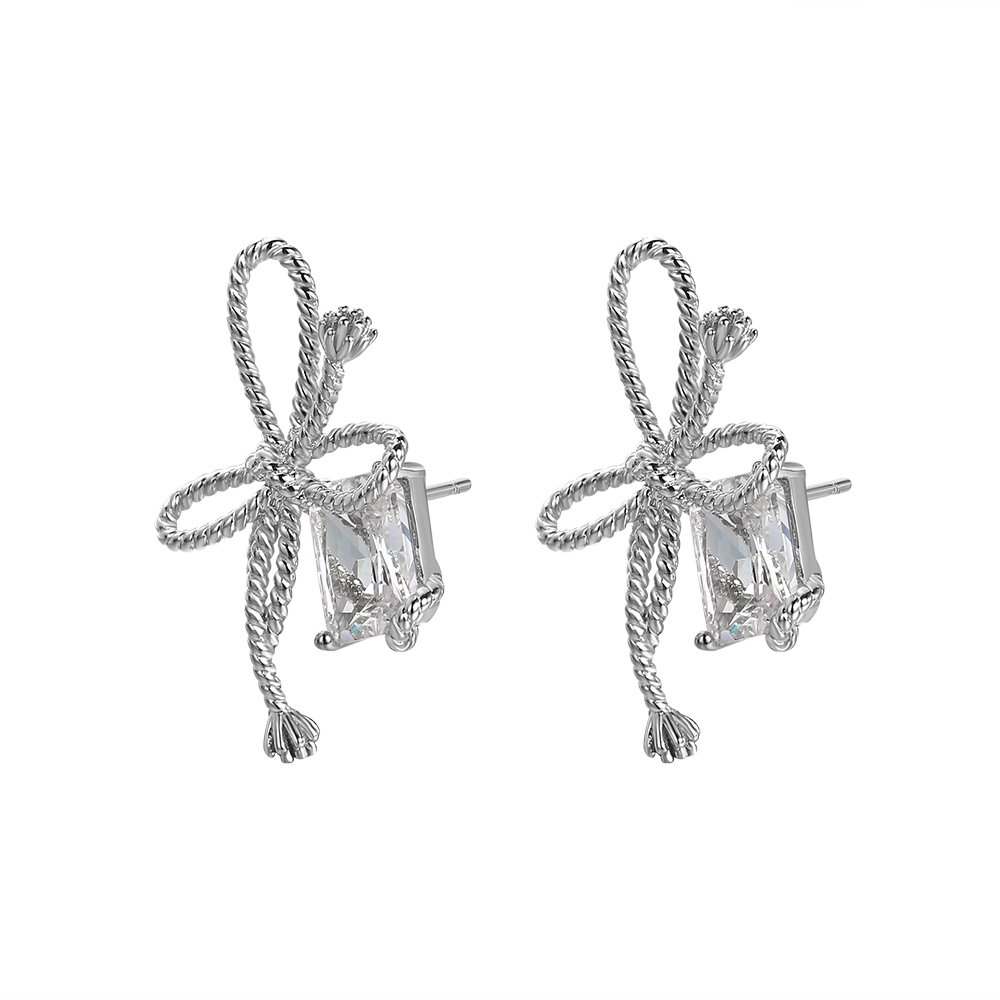 Gold - Toned Rope - Style Bow Earrings with Emerald - Cut Crystal Accent