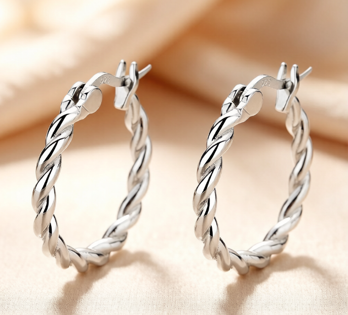 Classic 925 Sterling Silver Twisted Rope Huggie Hoop Earrings