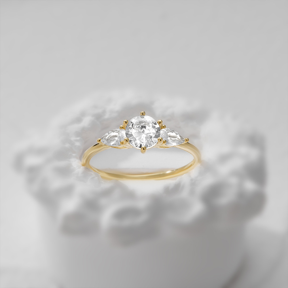 Gold Plated Round Marquise Three-Stone Engagement Ring