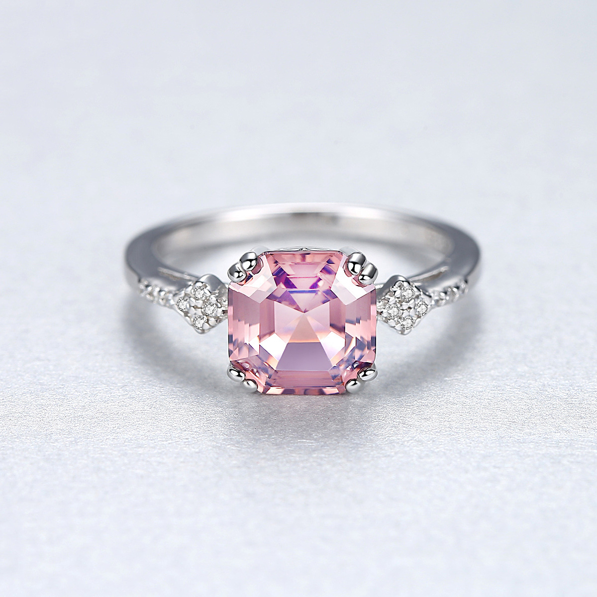S925 Sterling Silver Princess-Cut Pink Cubic Zirconia Solitaire Ring with Side Stones