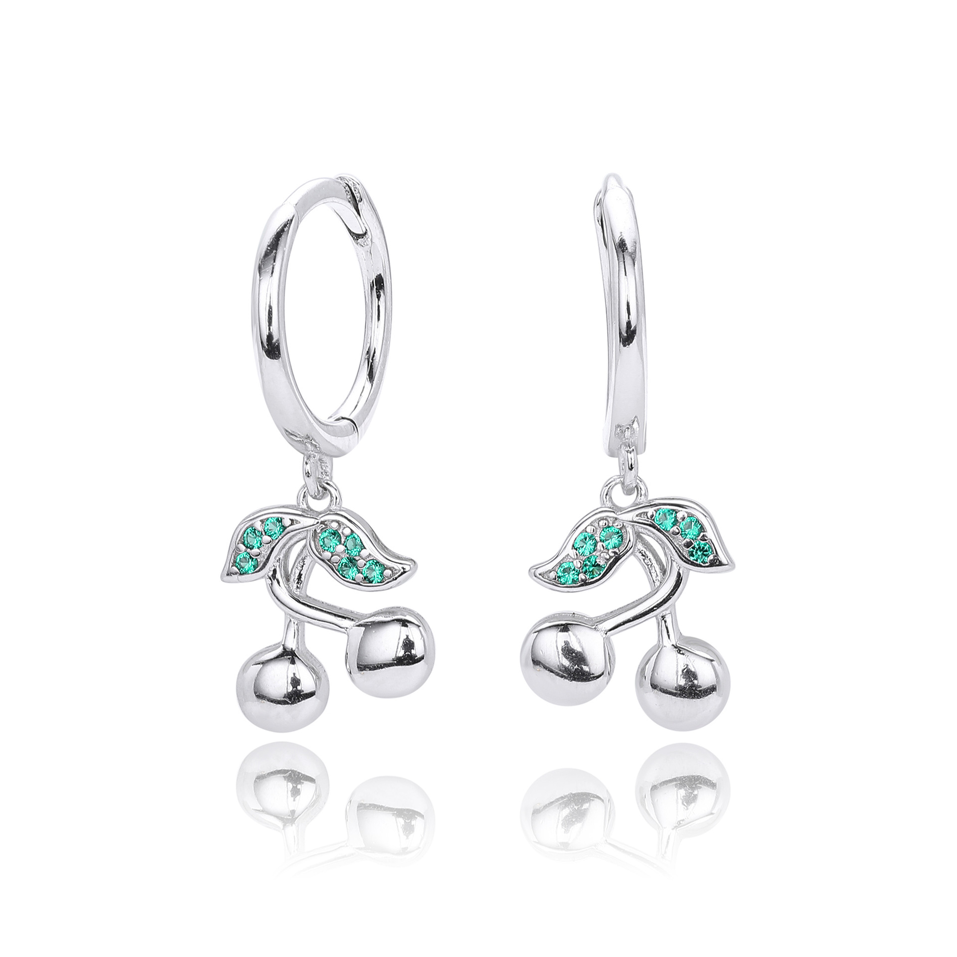 925 Sterling Silver Cherry Charm Huggie Hoop Earrings - Dainty Green Leaf Cubic Zirconia Fruit Drop Earrings