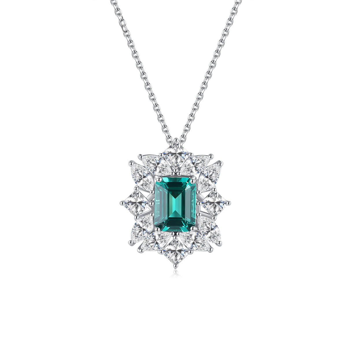 Sterling Silver Emerald Cut Turquoise Pendant Necklace with Marquise Cluster Halo